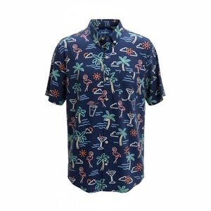 Chubbies Shirt Mens Large Navy Neon Tropical Flamingo Palm Tree Button Down New